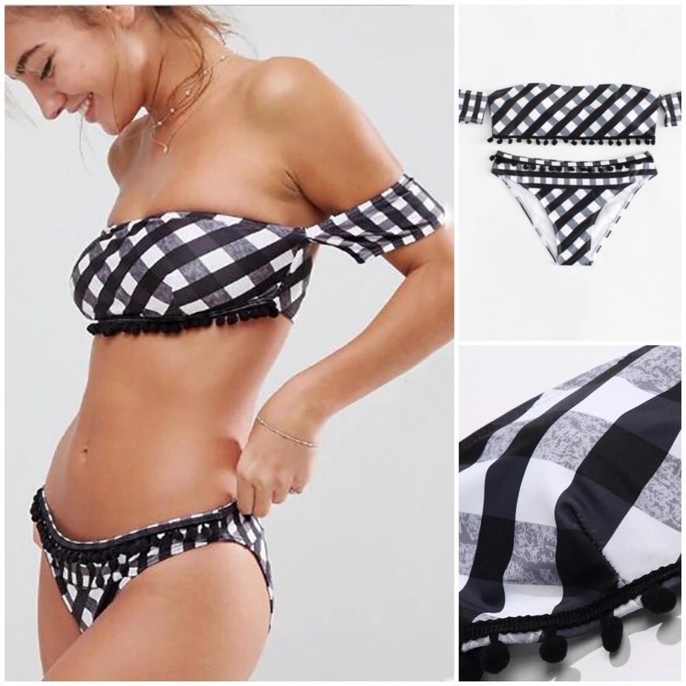 Black Gingham Off Shoulder Bikini